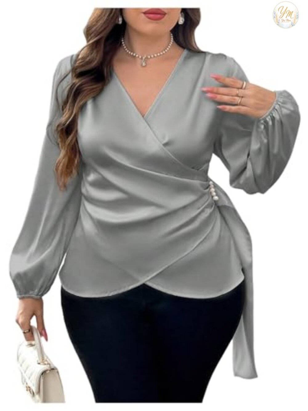 Plus Size Satin Asymmetrical Wrap Top Cocktail Blouse Long Sleeve V Neck